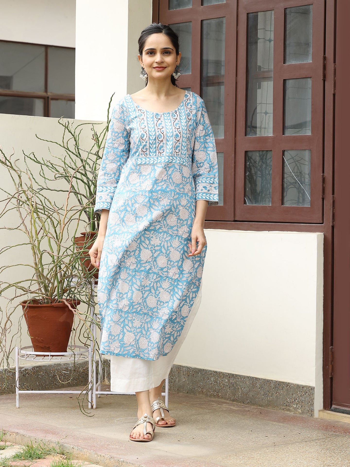 Blue Kantha Hand Block Bagru Floral Printed Kurta